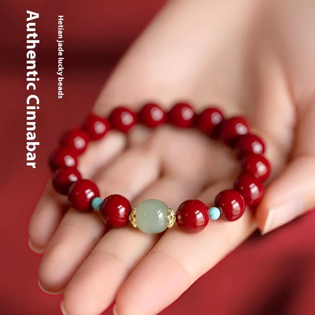 Cinnabar Hetian Jade bracelet with geometric elliptical beads in purple gold sand colour