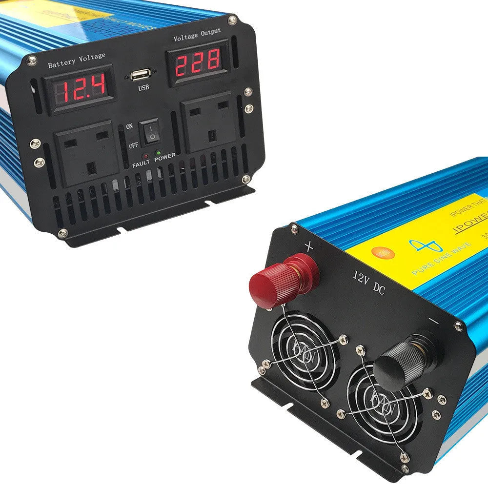 Blue 3000W 12V to 220V pure sine wave car power inverter with digital display and UK plug socket.