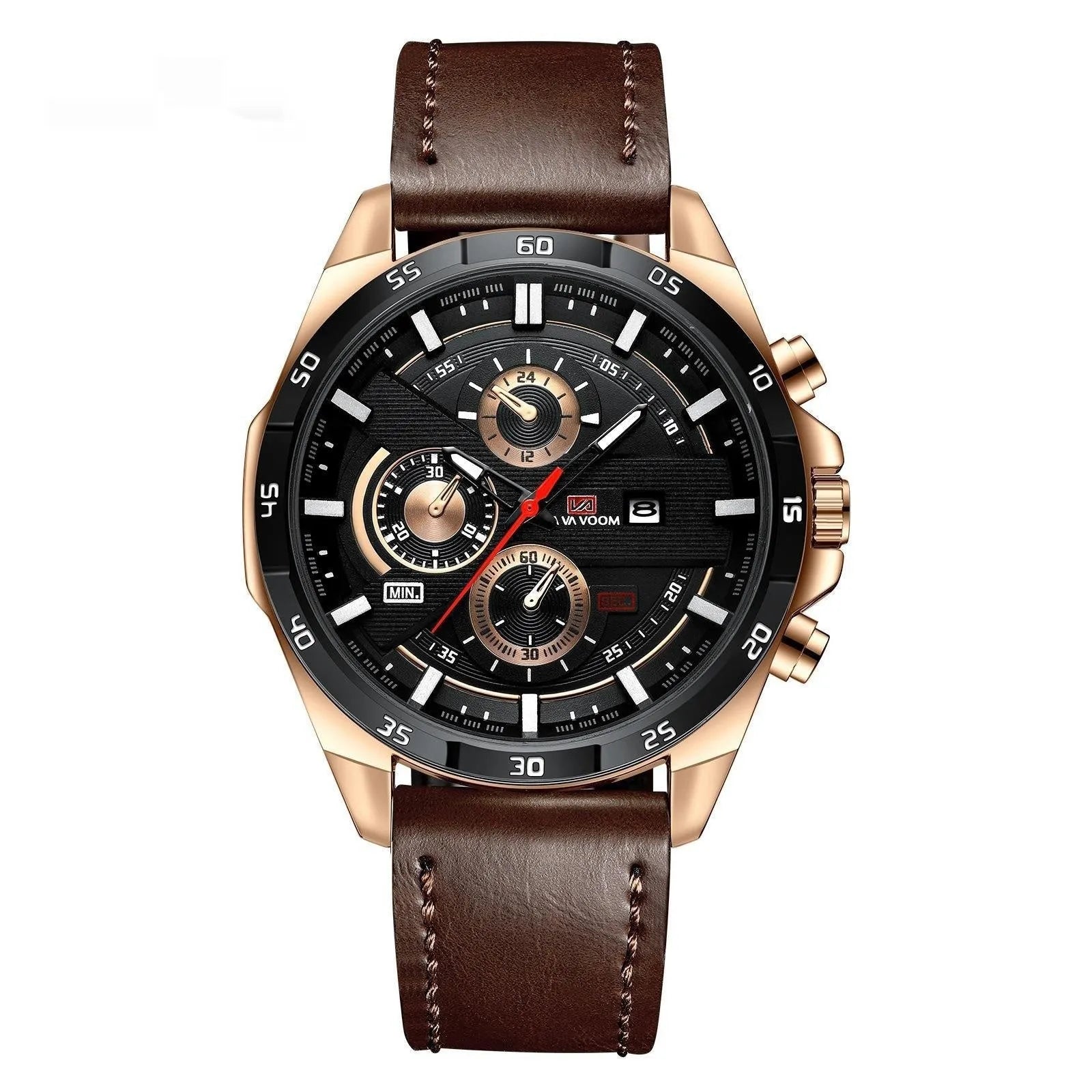 Men's casual quartz watch with calendar display on leather strap, shown in rose gold and black colour option.
