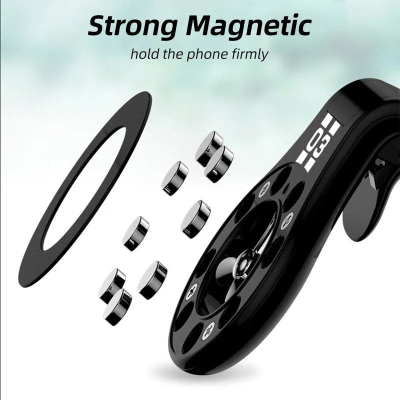 Magnetic car phone holder mounted on vehicle air vent with smartphone attached