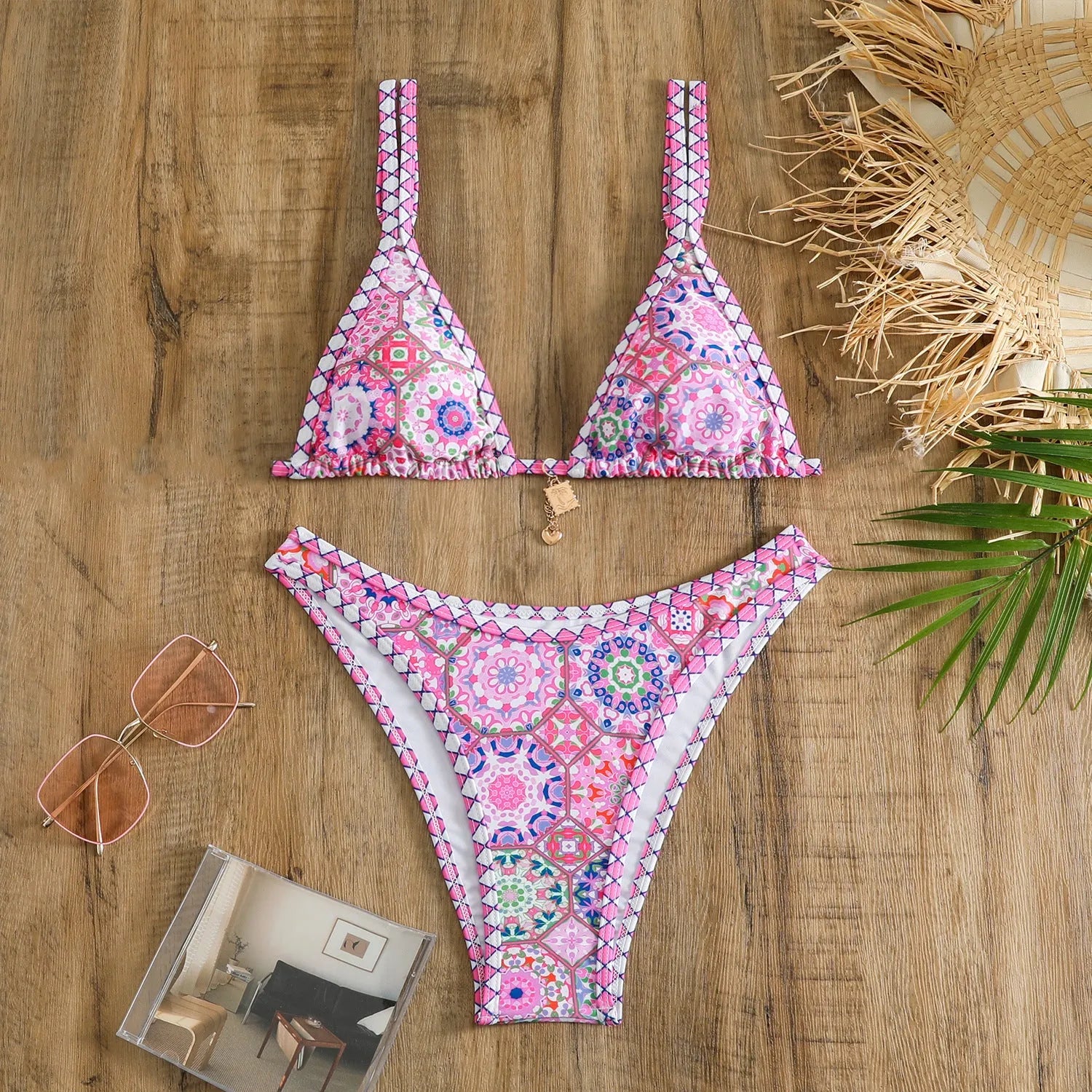 Women's retro printed bikini swimwear in orange pink black blue colours for swimming sports