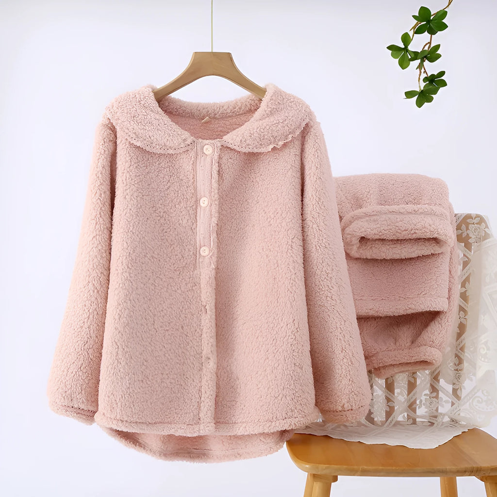 Women's flannel thickened zippered two-piece pyjama set in pink, with long sleeves and trousers