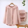 Women's flannel thickened zippered two-piece pyjama set in pink, with long sleeves and trousers