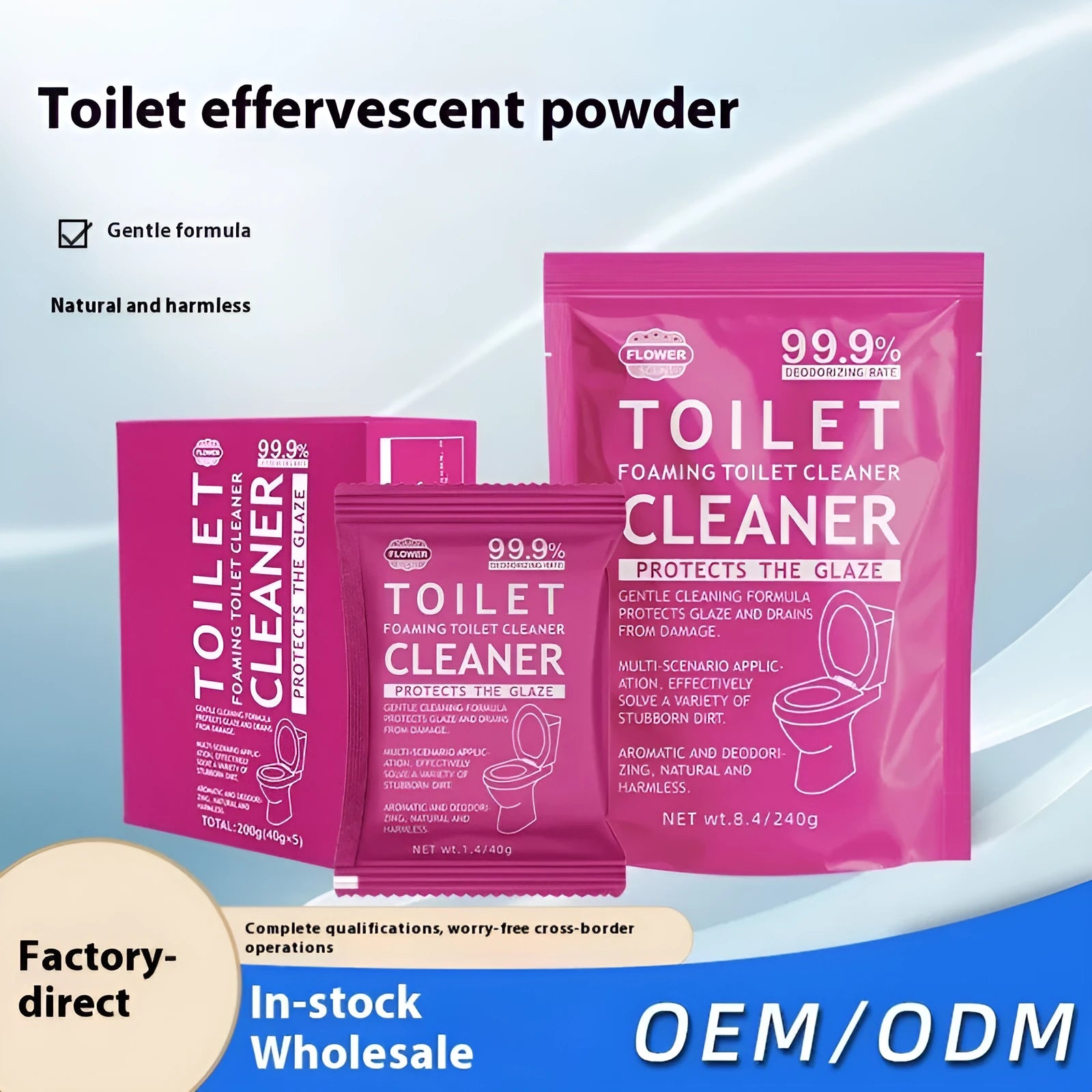 Toilet bubble descaling powder in blue ocean or pink floral fragrance, 240g bag or 5x40g box.