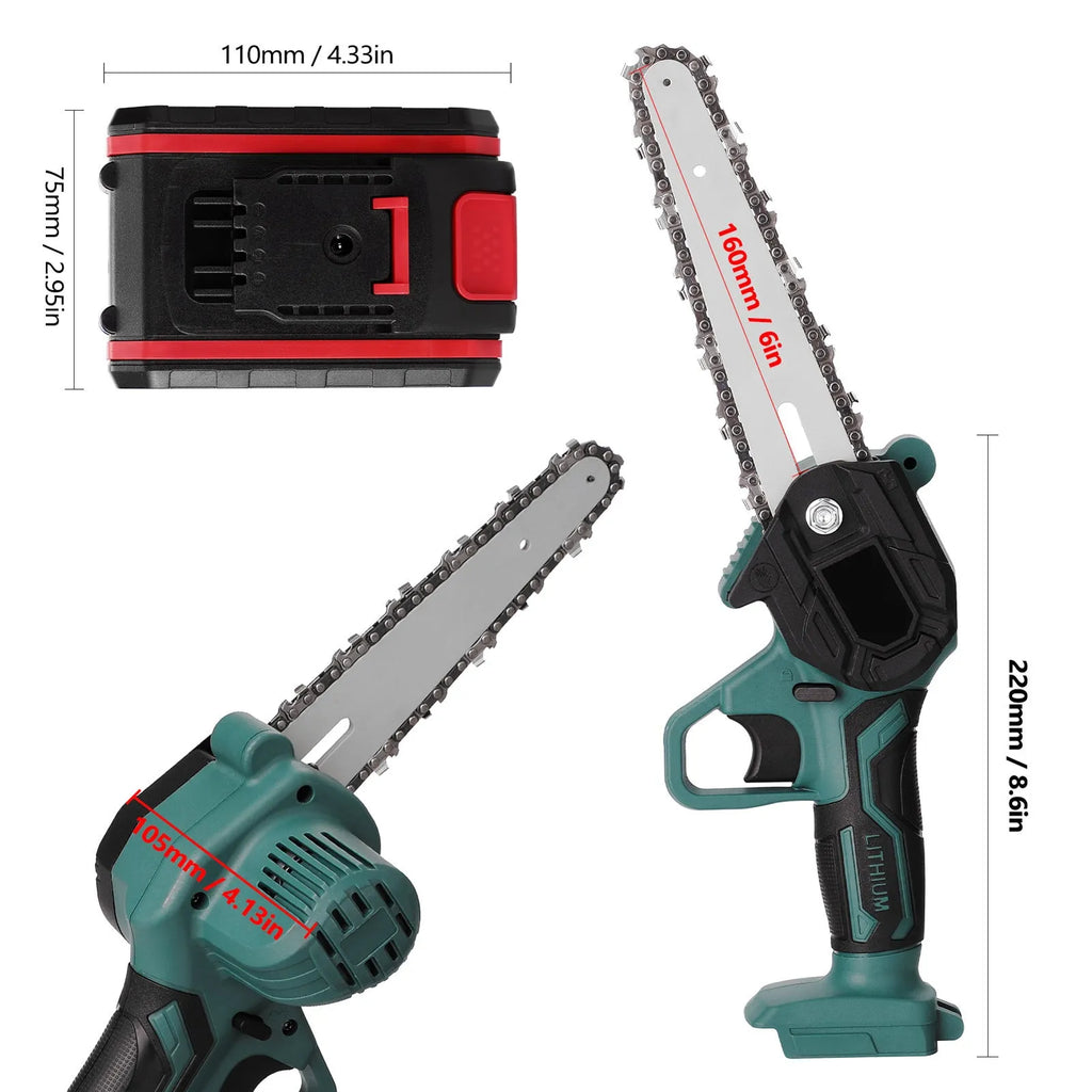 Black mini electric chainsaw with green accents, held in one hand, showing compact size and 4-inch guide bar.