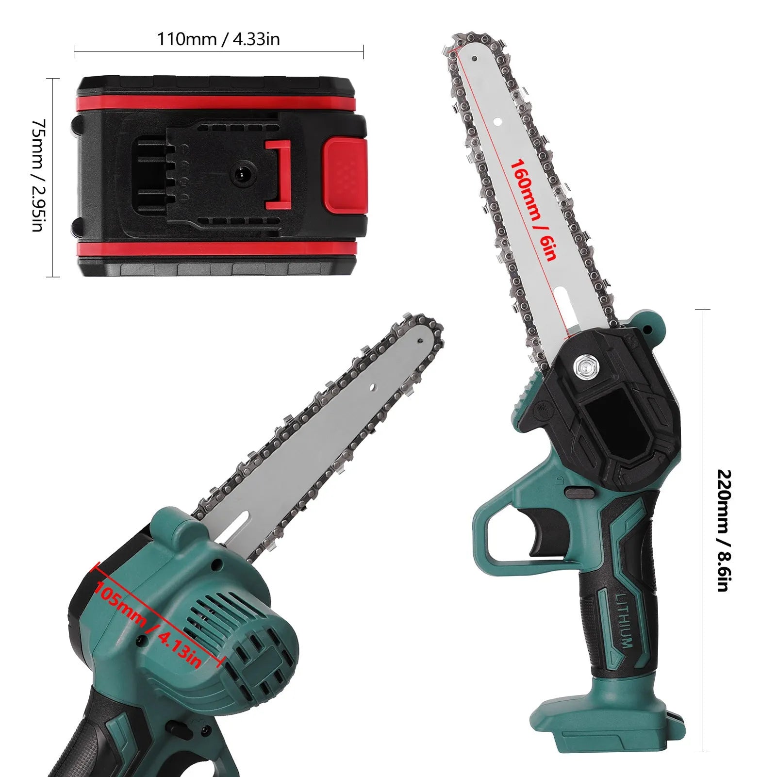 Black mini electric chainsaw with green accents, held in one hand, showing compact size and 4-inch guide bar.
