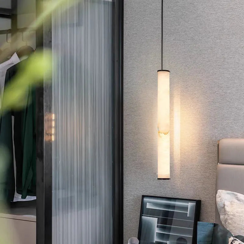Nordic marble small droplight pendant with warm light, 40cm drop, over a dining table