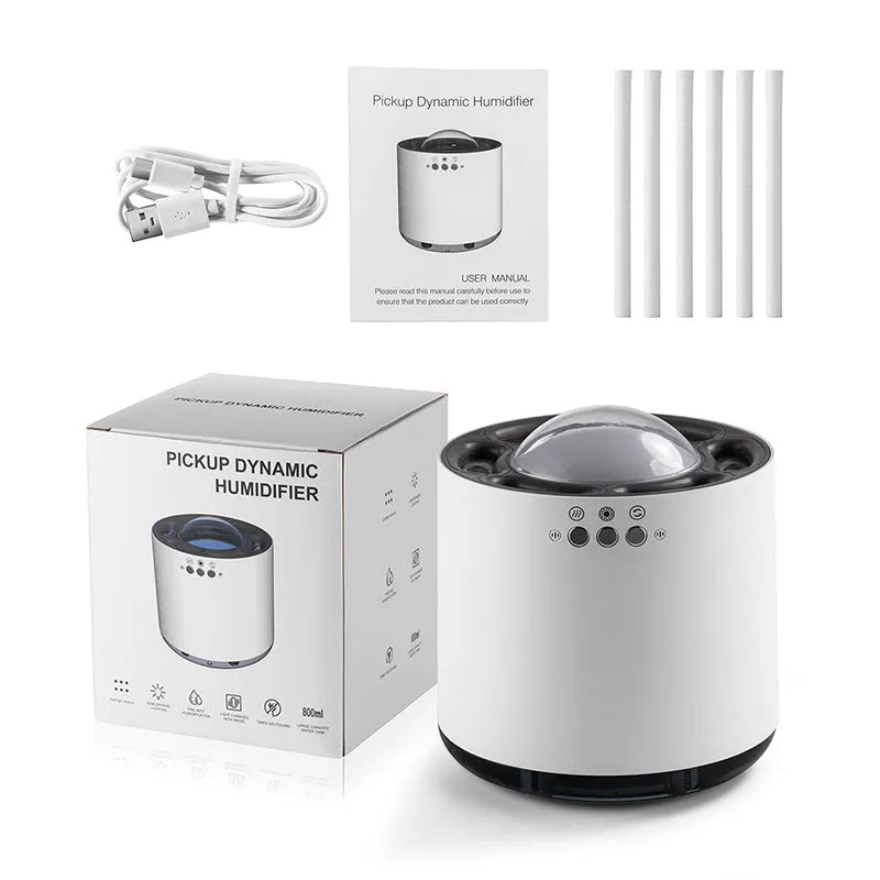 White voice control ultrasonic cool mist humidifier with 800ml tank and 7-colour LED light on a tabletop