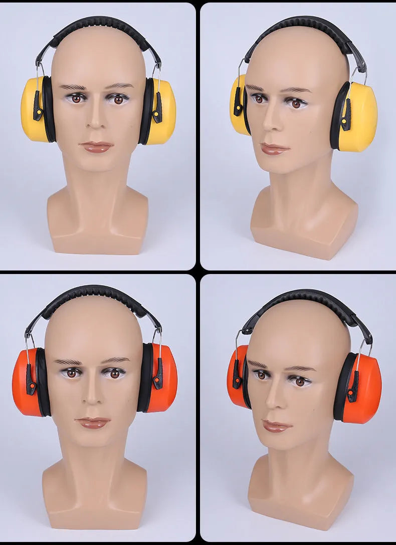 Orange adjustable noise-cancelling earmuffs with breathable fabric ear cushions on a grey background.