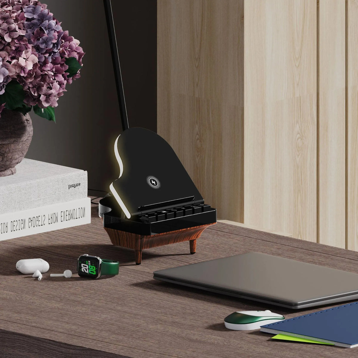 Black multi-function Bluetooth speaker with wireless charger and phone holder showing LED lighting