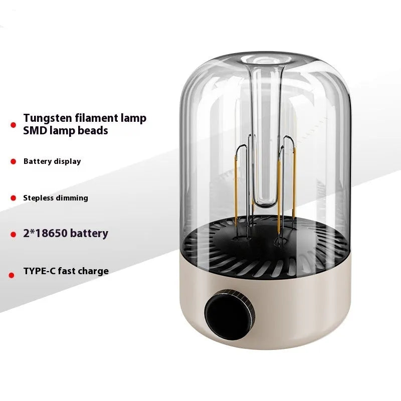 Beige and black rechargeable camping ambience light with control knob, shown with size scale.