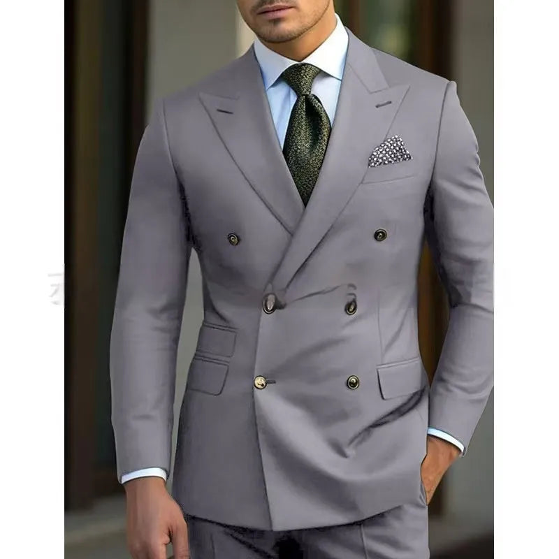 Men's light business style two-piece suit in a cotton blend fabric, shown in navy blue