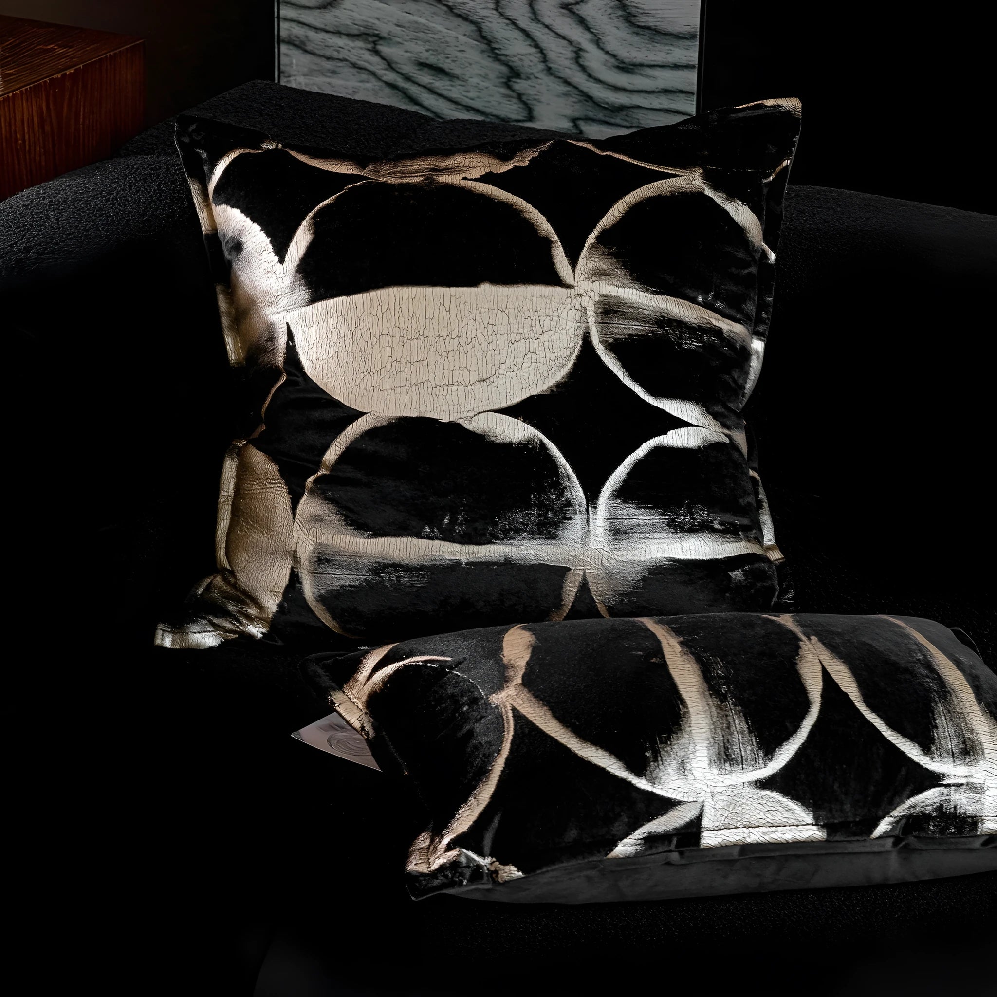 Black gold abstract pattern cushion with removable washable cover in three size options