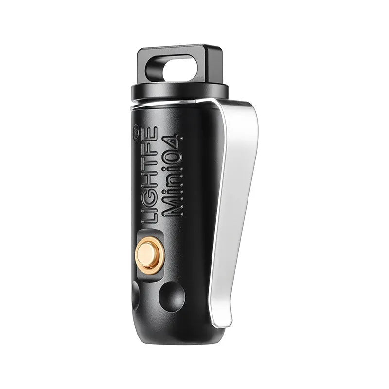 Black LED key ring flashlight with stainless steel housing on keychain