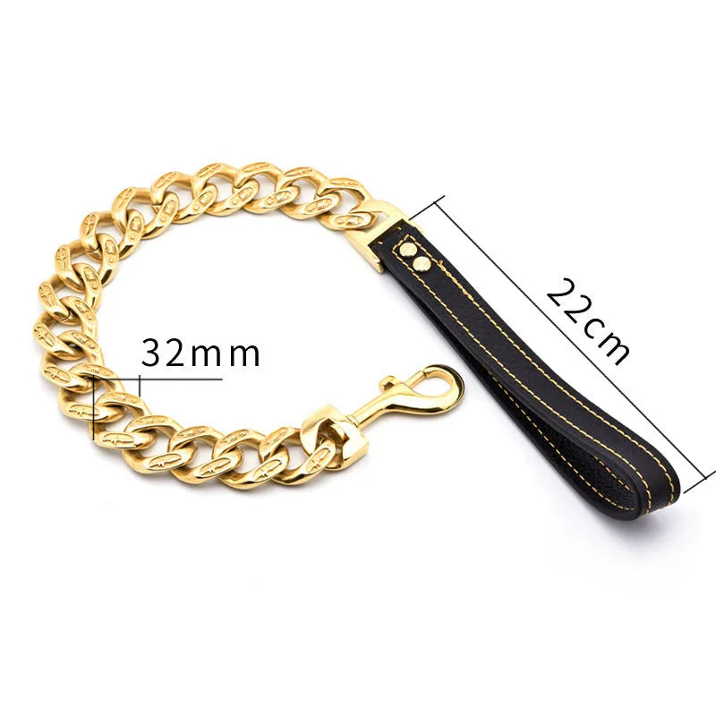 32mm stainless steel dog chain leash in gold or white, available in 70cm to 100cm lengths