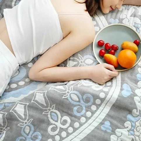 Pure cotton five-layer towel blanket with plants and flowers pattern in bohemian style, available in blue and orange sizes 150x200cm and 200x230cm