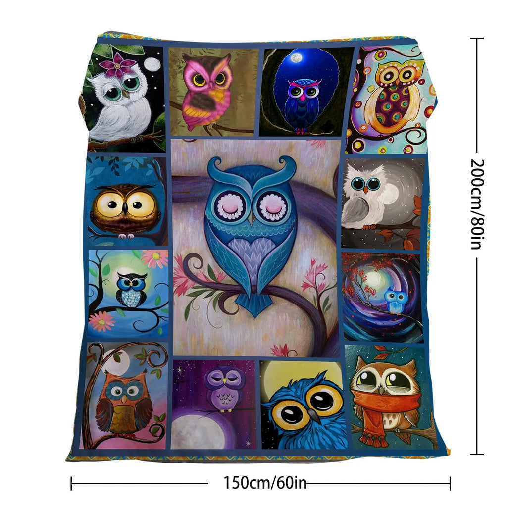 Soft flannel owl pattern blanket in multicolour, available in 75x100cm, 130x150cm, 150x200cm sizes