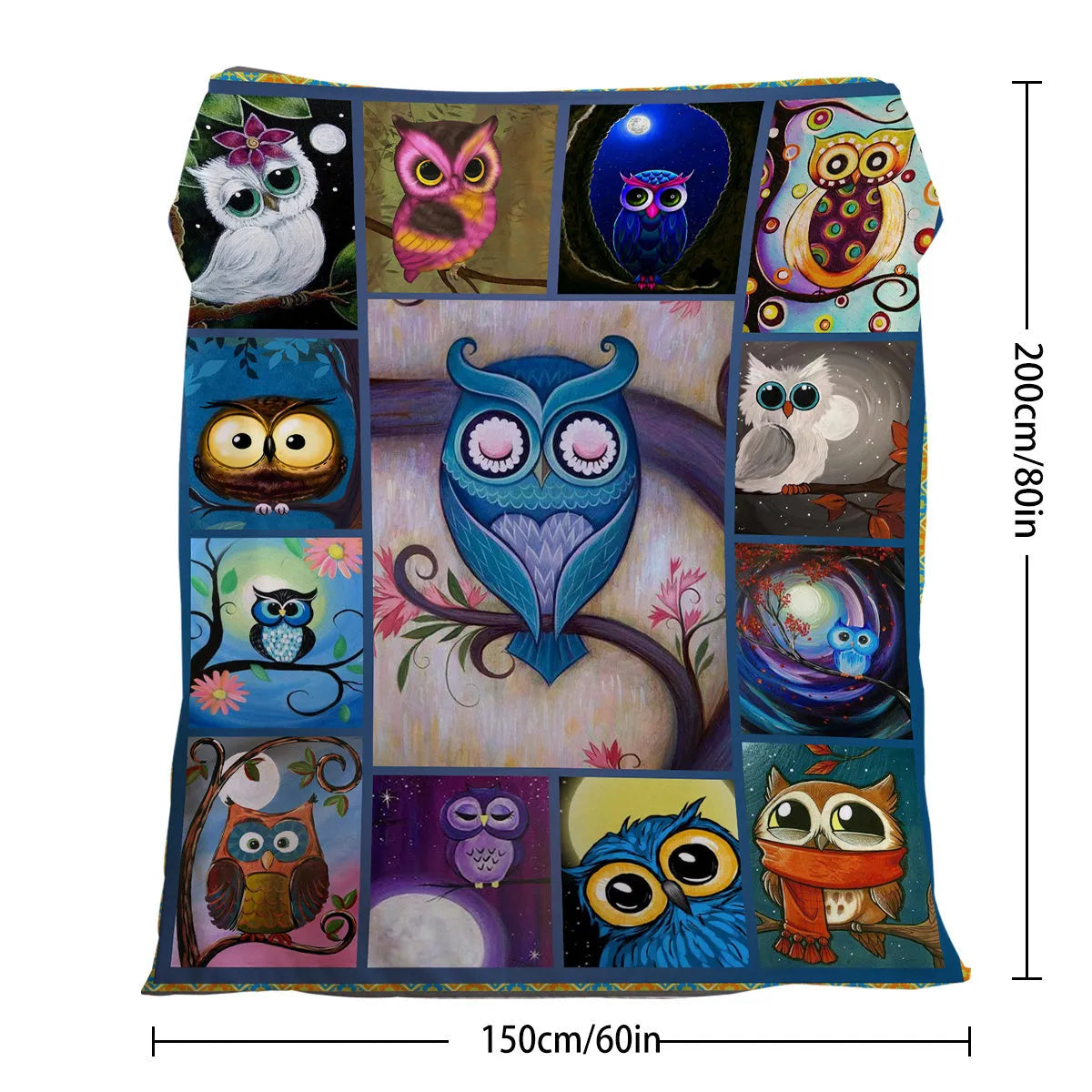 Soft flannel owl pattern blanket in multicolour, available in 75x100cm, 130x150cm, 150x200cm sizes