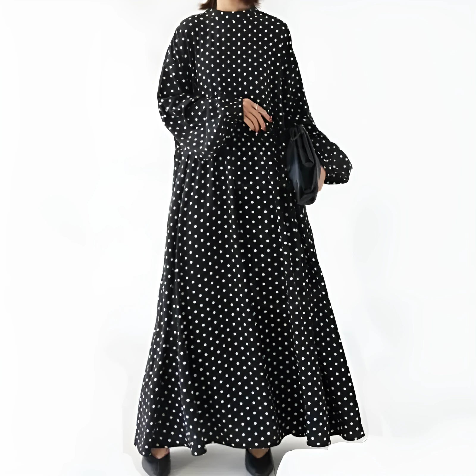 Plus size polka dot long sleeve Korean satin dress with flounced skirt and lantern sleeves in polka dot colour