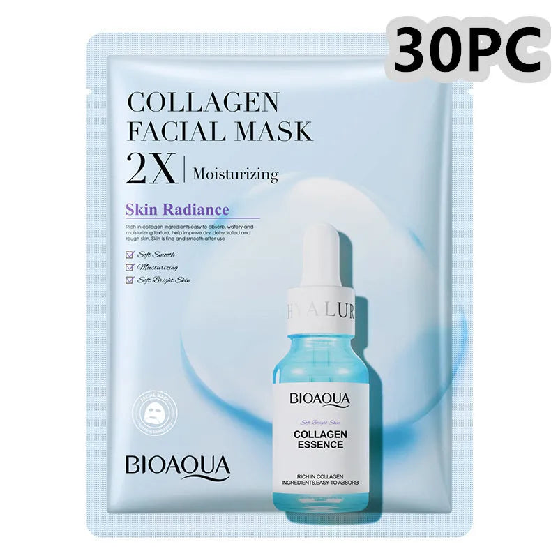 Single 30g collagen and hyaluronic acid facial sheet mask on packaging, with Centella, Vitamin C, Collagen variant options.