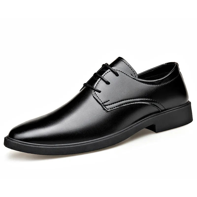 Men's black round toe pointed cap low top PU formal shoes with stitched detailing on white background