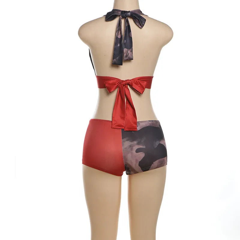 Red women's high waist bikini set with 3D printed pattern and hip lift shorts.