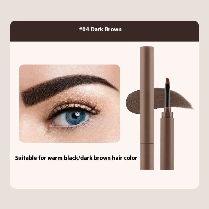 Double-headed eyebrow cream showing pencil and powder ends, displayed with five colour shades.