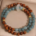 Women's double ring bracelet in cook blue water jade with electroplated finish, natural crystal semi-precious stone, flexible round geometric shape, New Chinese style