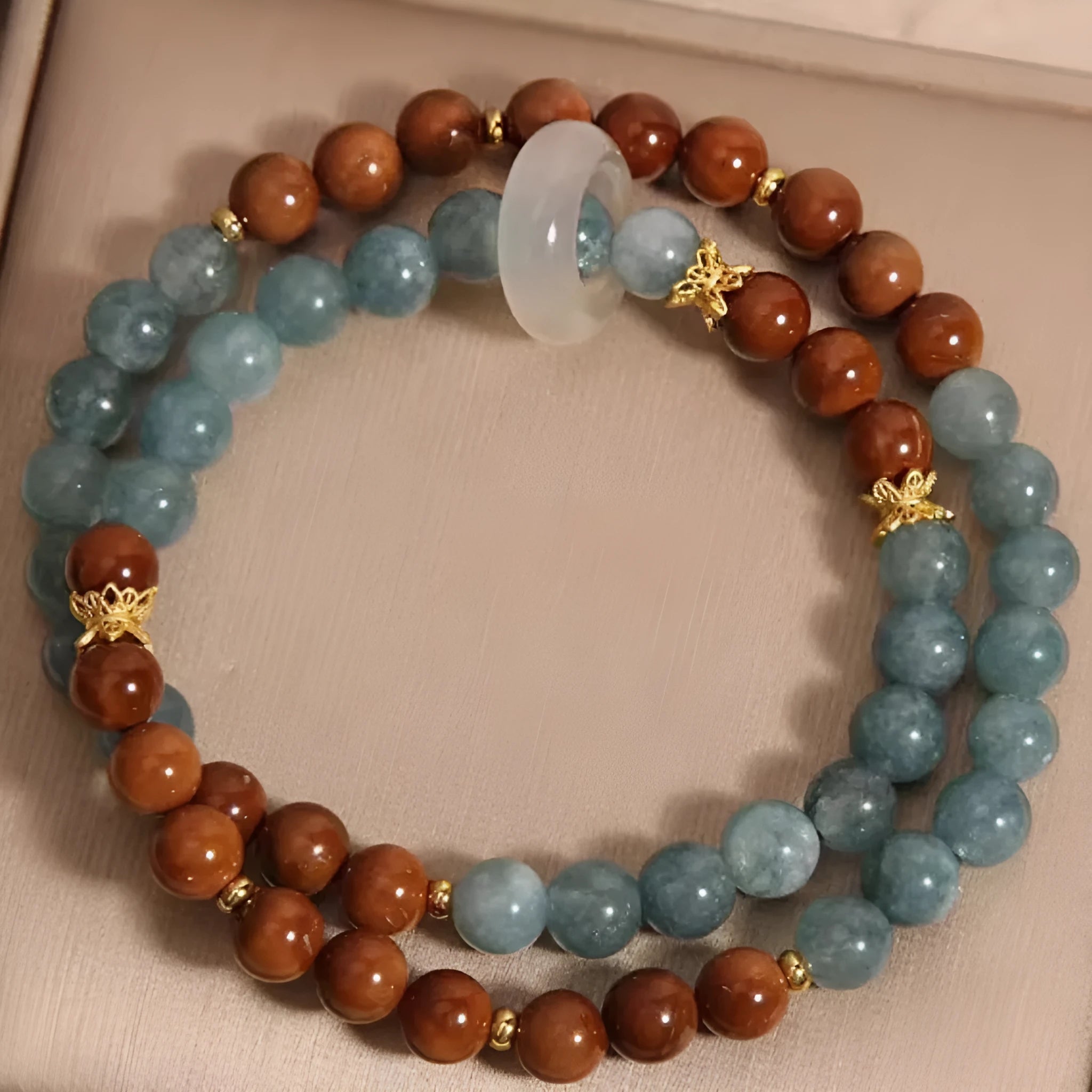 Women's double ring bracelet in cook blue water jade with electroplated finish, natural crystal semi-precious stone, flexible round geometric shape, New Chinese style