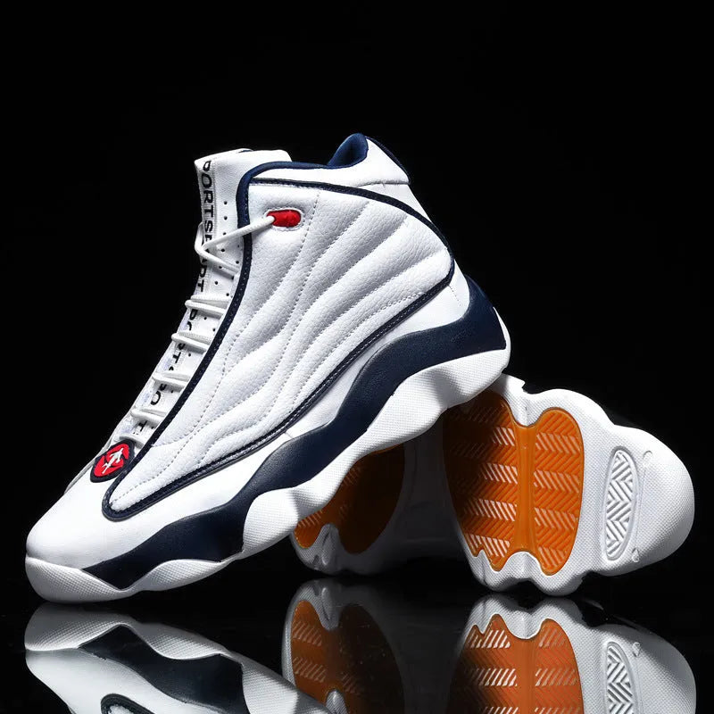 High-top basketball shoes in AJ13 colours with mesh upper and thick rubber sole on a white background
