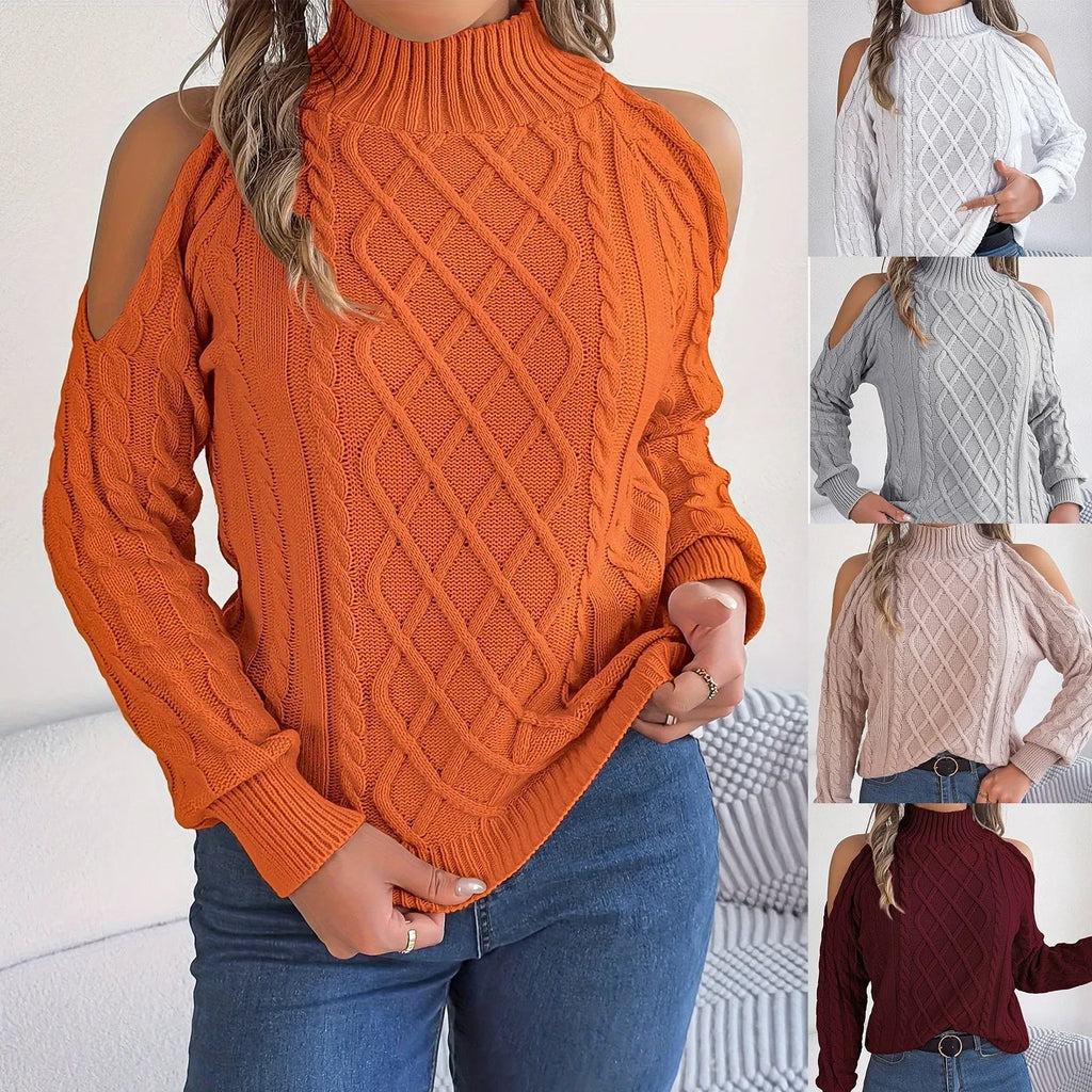 Women's casual strapless twist sweater with lantern sleeves and half-high collar in acrylic fabric