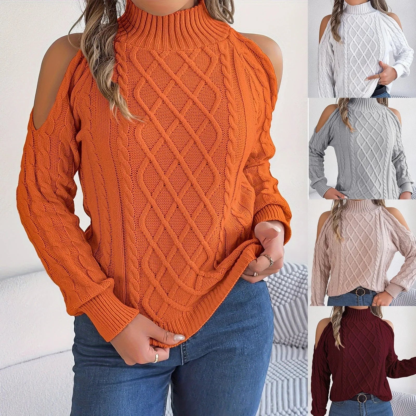 Women's casual strapless twist sweater with lantern sleeves and half-high collar in acrylic fabric