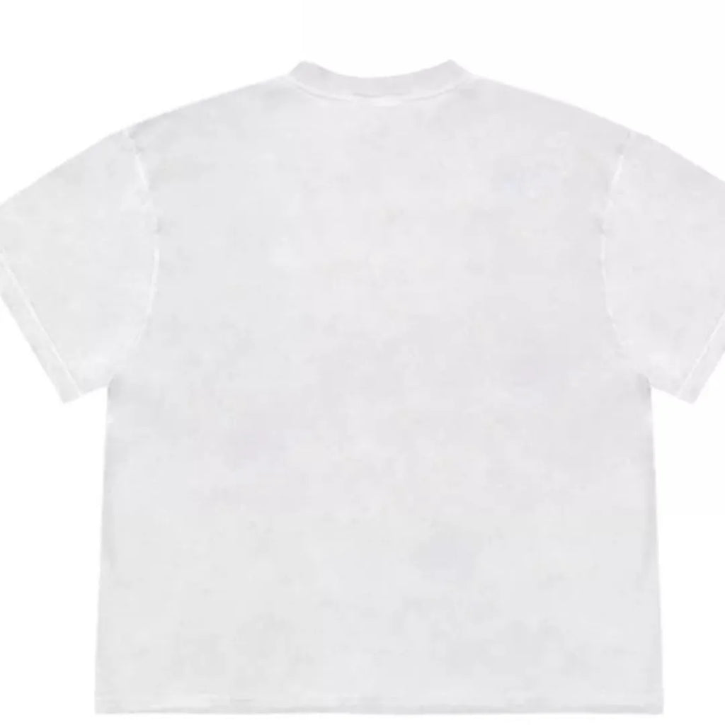 Loose fit blueberry fruit patchwork print short sleeve T-shirt on a hanger.