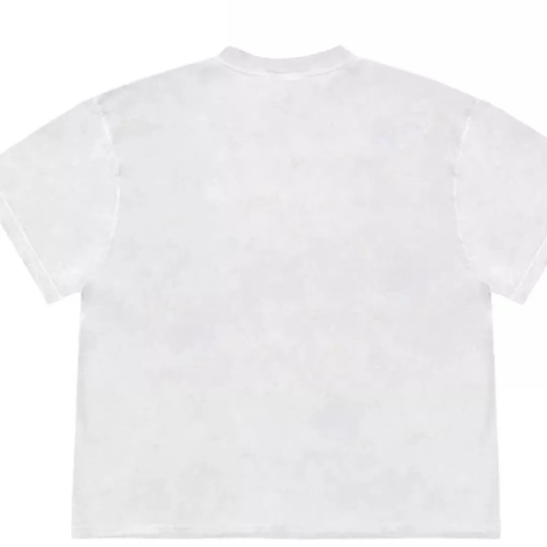 Loose fit blueberry fruit patchwork print short sleeve T-shirt on a hanger.