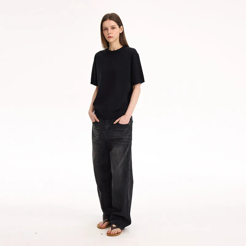 Fanio velvet shoulder short-sleeved T-shirt solid colour French Australian Velvet fabric mercerising craft Black