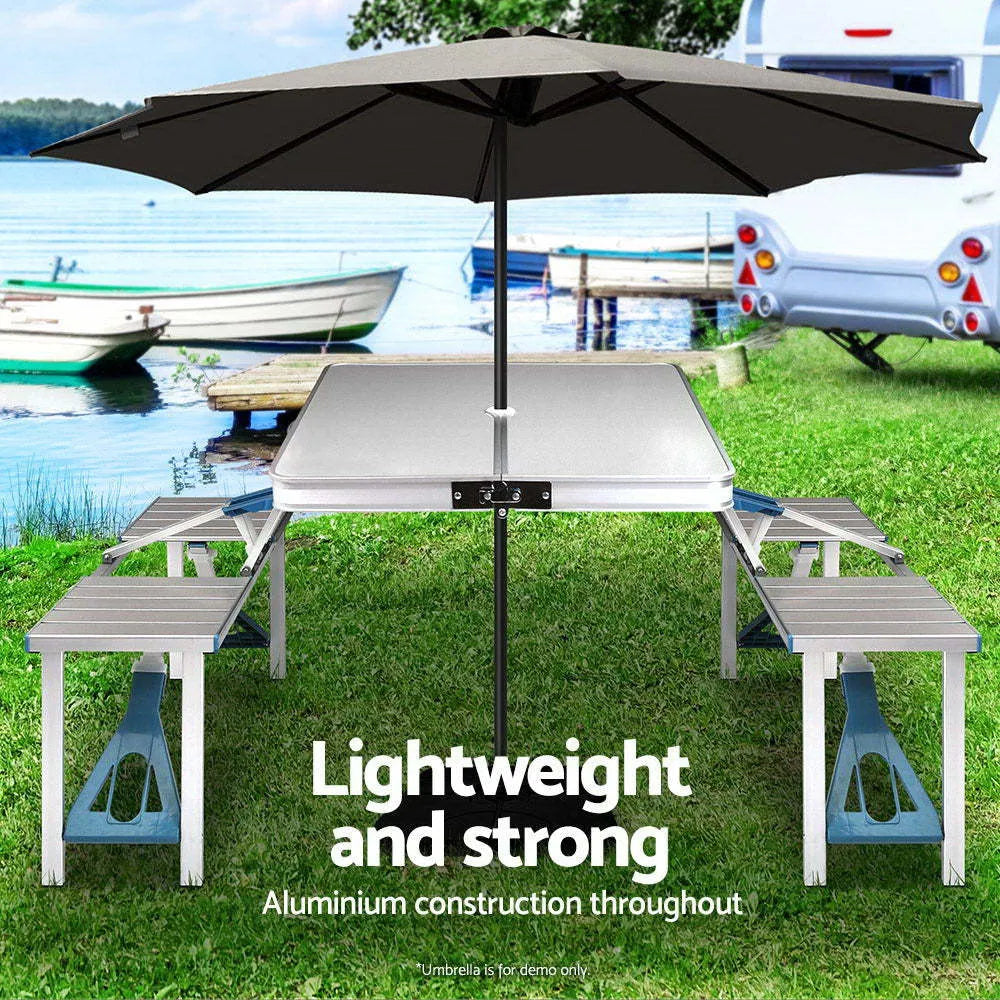 Aluminium alloy one-piece folding table and chair set in silver grey or blue, folded and expanded views, 85.5cm tabletop