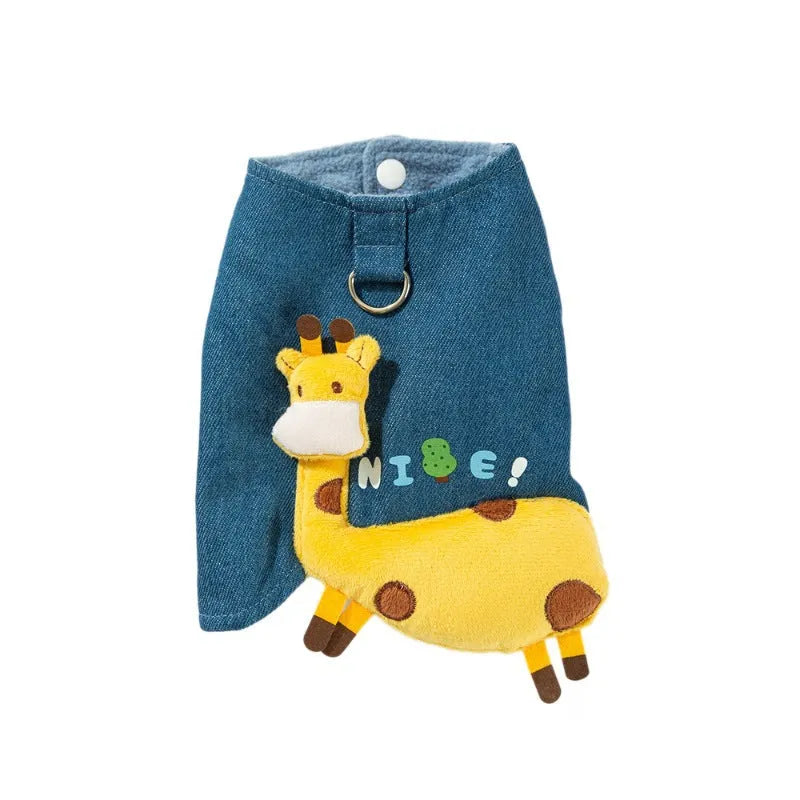 Blue 3D deer denim pet vest with polar fleece lining and leash hook for small dogs and cats