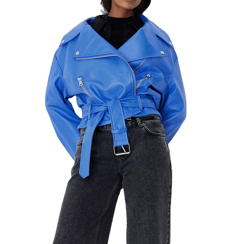 Black punk style short jacket with a Peter Pan collar, leather lapel trim, and a visible drawstring at the waist.