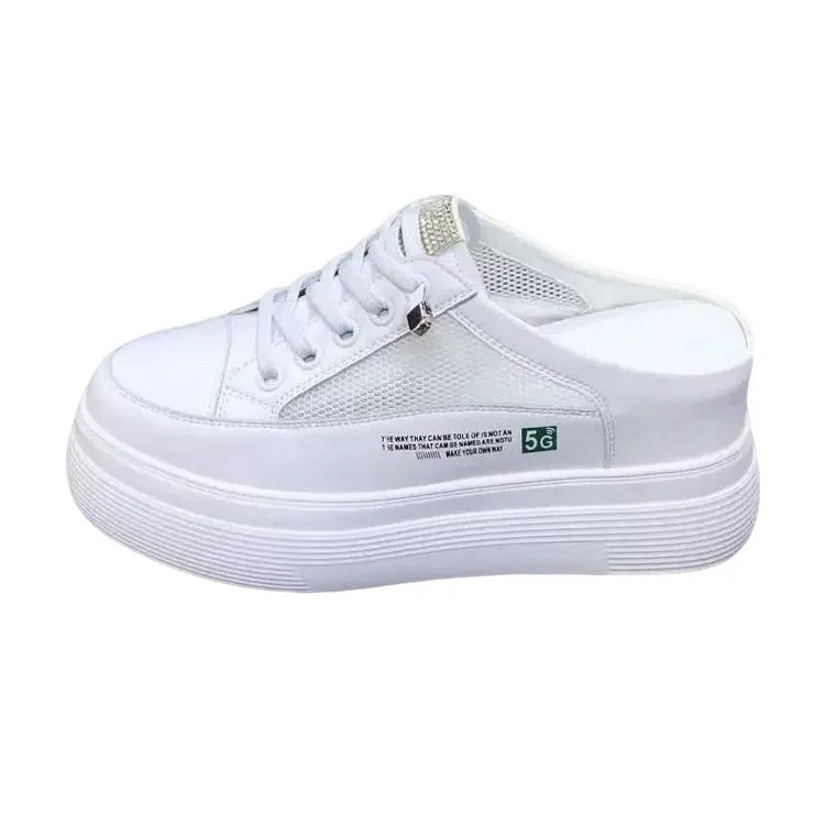 White women's mesh platform shoes with round toe and heel-free design