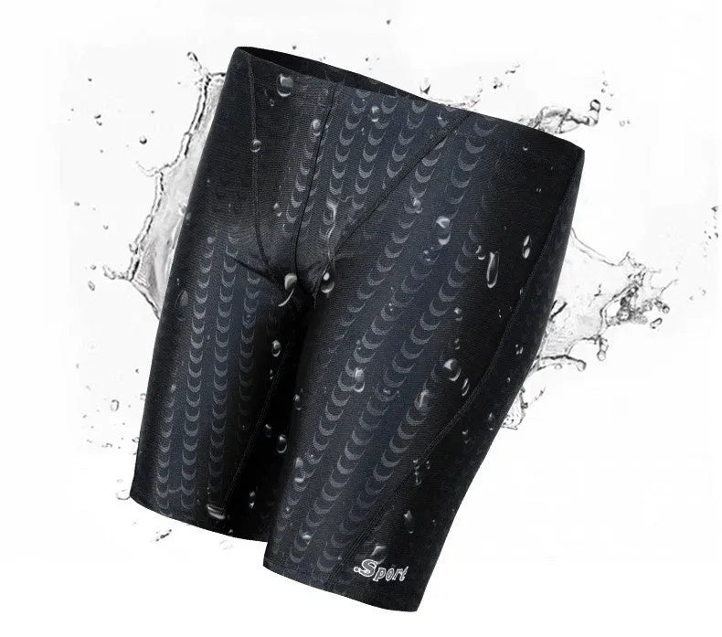 Men's solid colour polyester swimming trunks shown in boxers and cropped pants styles.