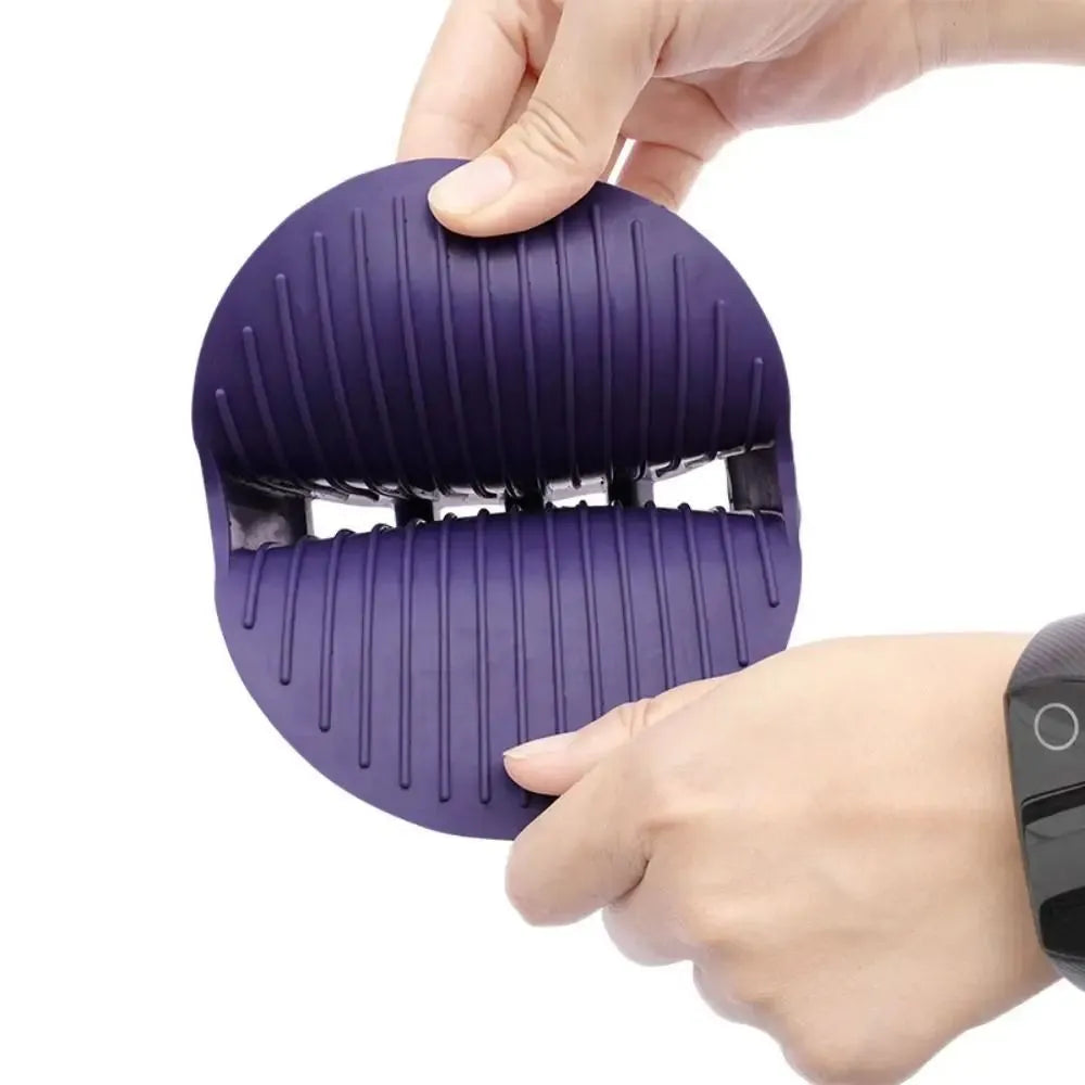 Purple dual-sided pet shampoo brush with soft TPR bristles and ergonomic handle for dog and cat grooming