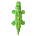 Green crocodile-shaped dog toy with squeaker in head and crinkle paper in tail