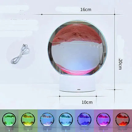 Creative 3D quicksand touch table lamp with glass shade in blue, orange, purple, or red light.