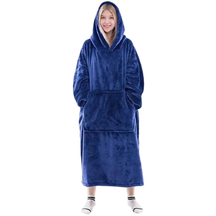 Women's thick flannel blanket hoodie in solid colour with pocket and stitching, pullover style, 80cm length