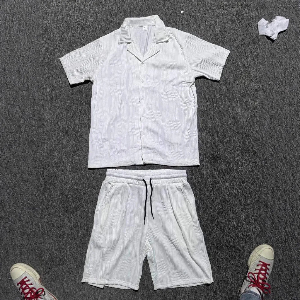 Men's black wave pattern shorts suit with short sleeve top and matching shorts