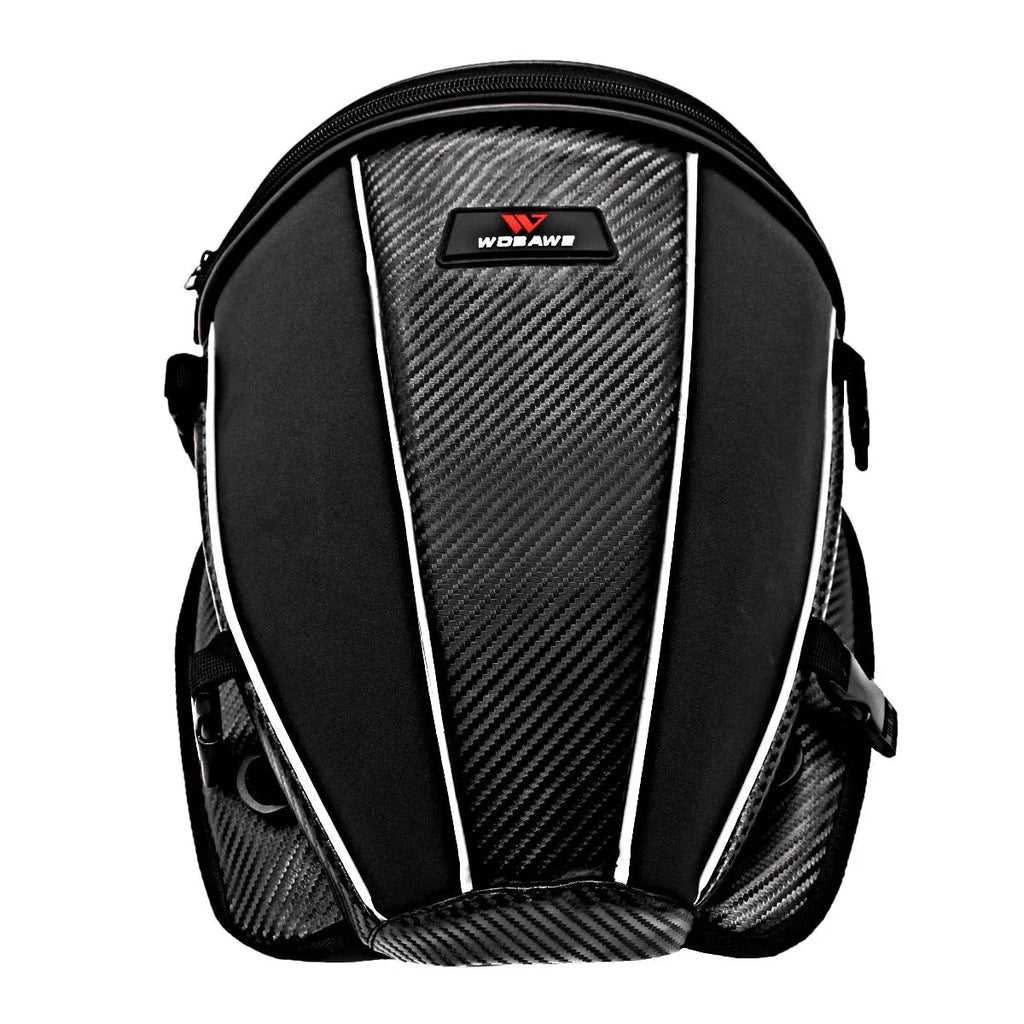 Black motorcycle seat bag with reflective strips, shown with carrying strap.