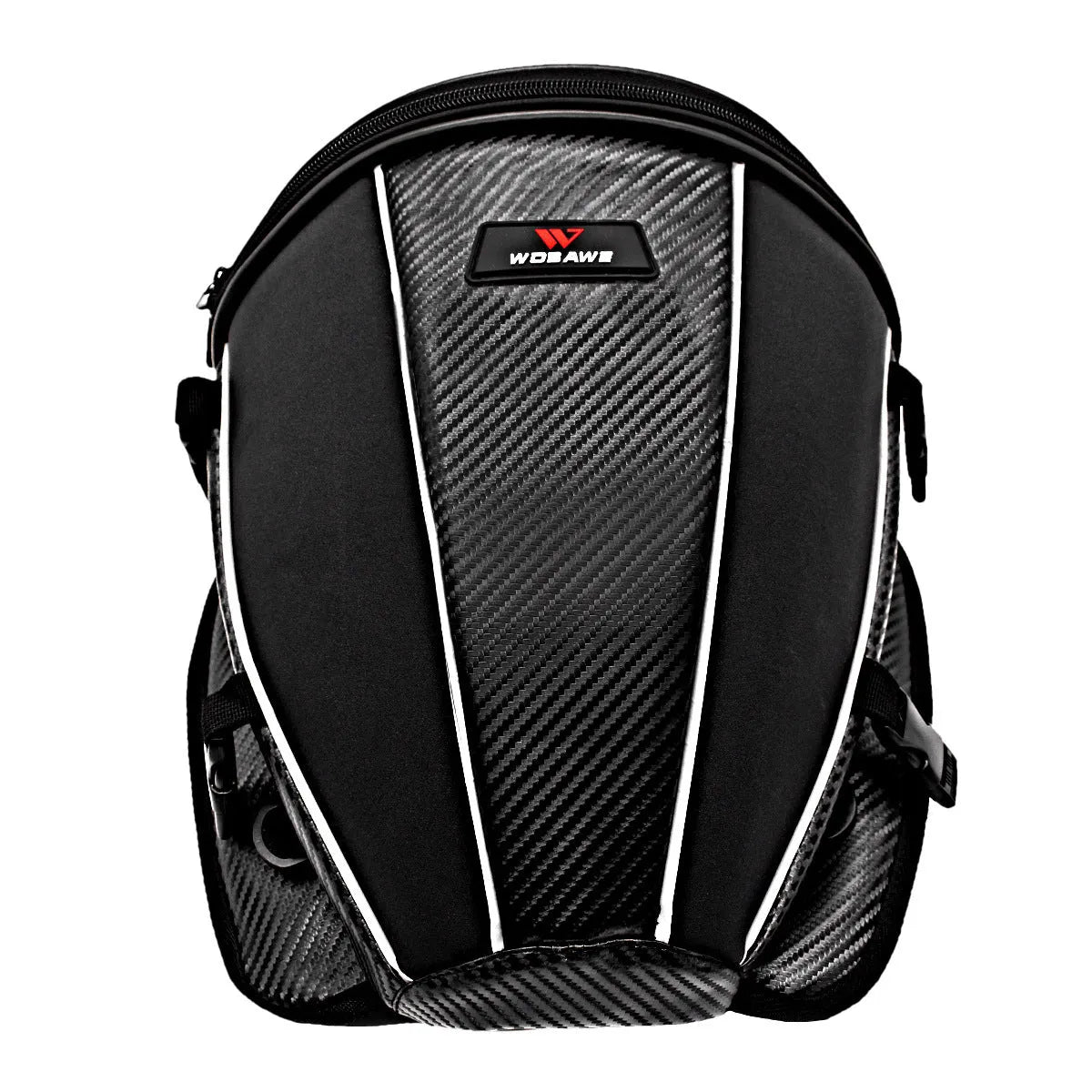 Black motorcycle seat bag with reflective strips, shown with carrying strap.