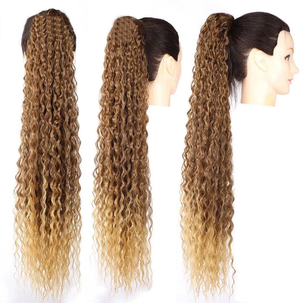 Synthetic drawstring curly ponytail extension in colour T4-27, small roll design for volume