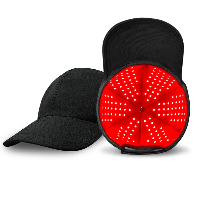 Black infrared peaked cap hair growth device with 180 LED red light panels and controller