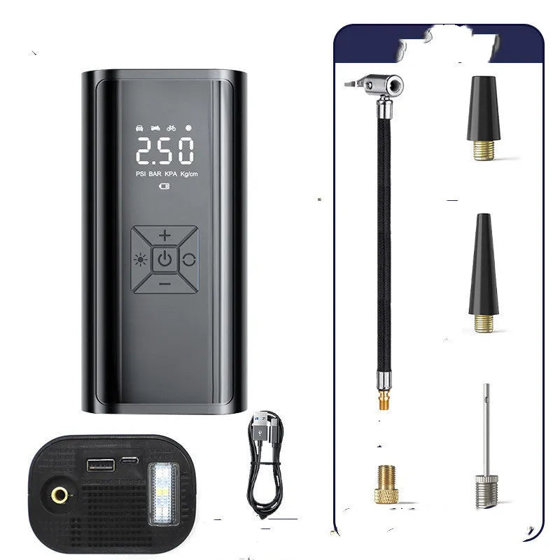 Portable car wireless digital display intelligent electric tire pump with recoil power bank function, ABS+metal construction